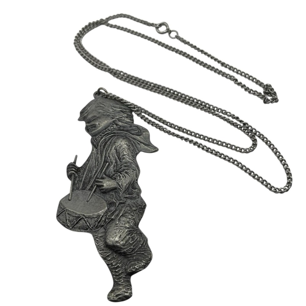 Drummer‎ Boy Pendant Necklace Vintage 1974 International Pewter Christmas Big